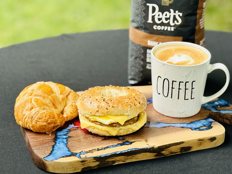 Australian Food - shown is an Australian breakfast including sandwich, croissant, and Peet's coffee